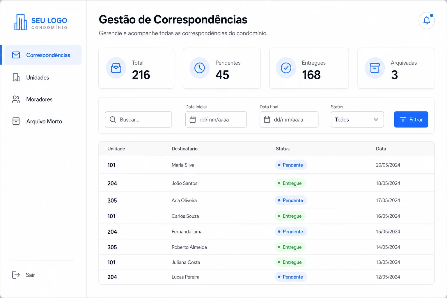 Dashboard do Arkion Correspondências mostrando métricas, filtros e tabela de correspondências